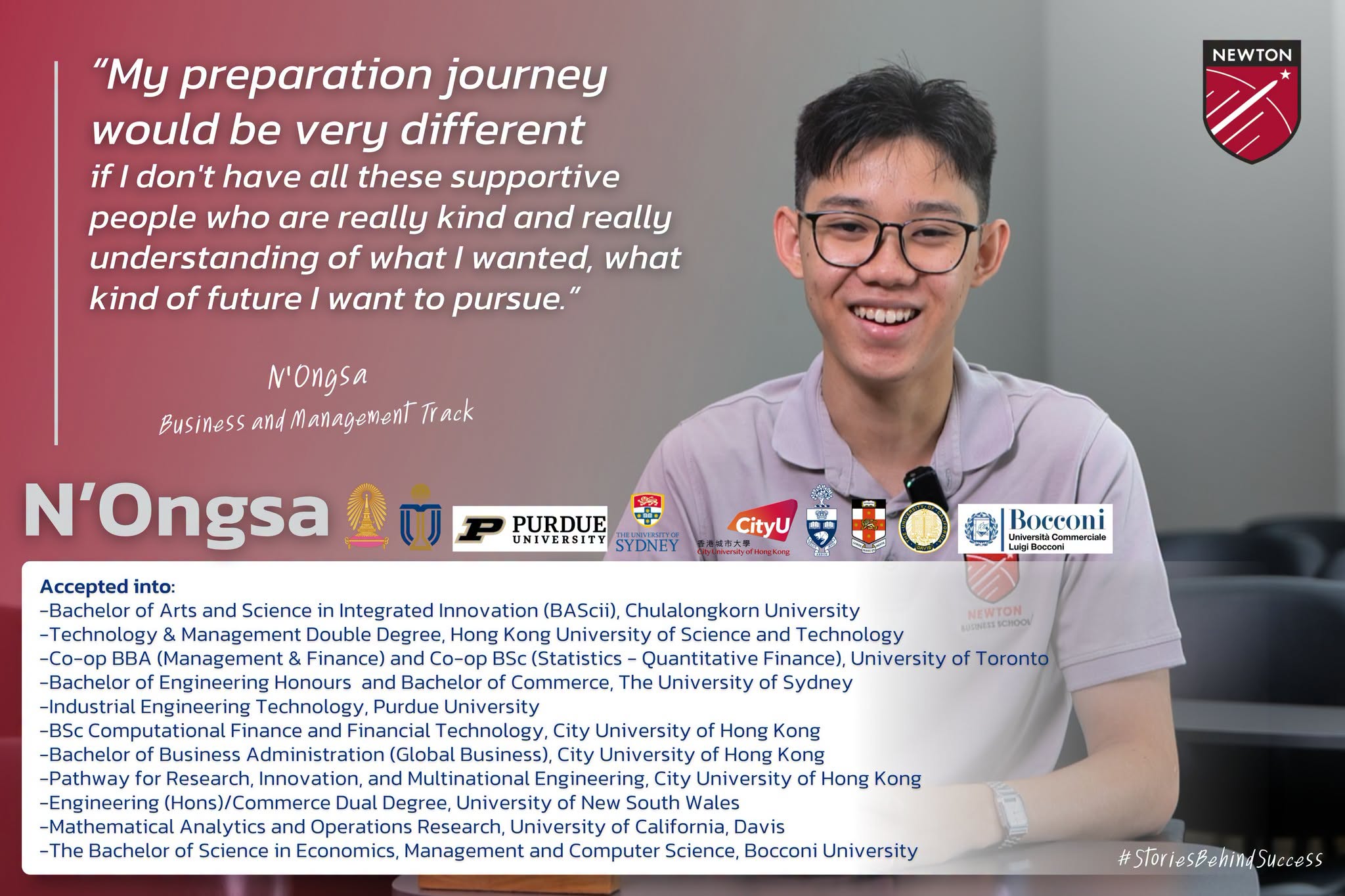 Koramist (Ongsa) Samorapoom — Newton Business School success story feature listing 9 university acceptances across Asia, Australia, and North America